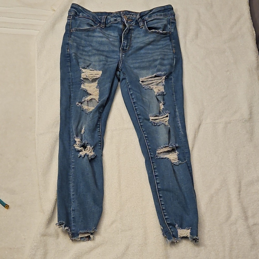 American Eagle‎ Outfitters Women's Blue Jegging Stretch Denim Distressed Zip